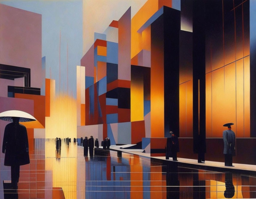 Vibrant geometric shapes in abstract cityscape painting
