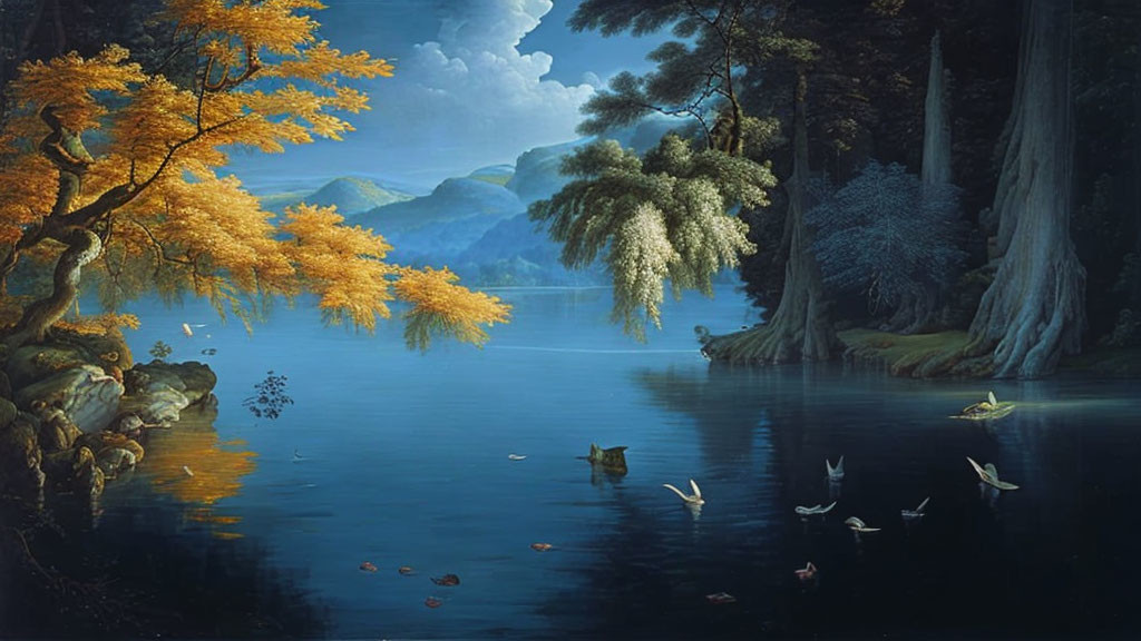 Tranquil landscape: blue lake, autumn trees, mountains, birds