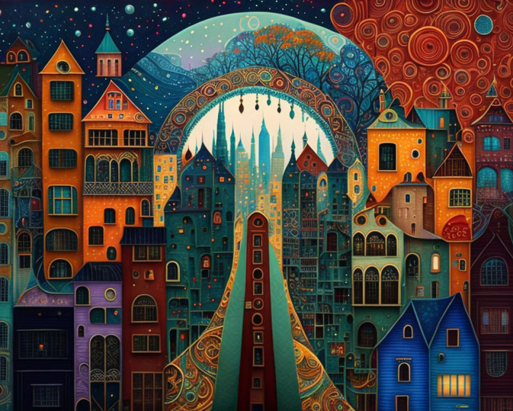 Whimsical illustration of colorful fantastical town