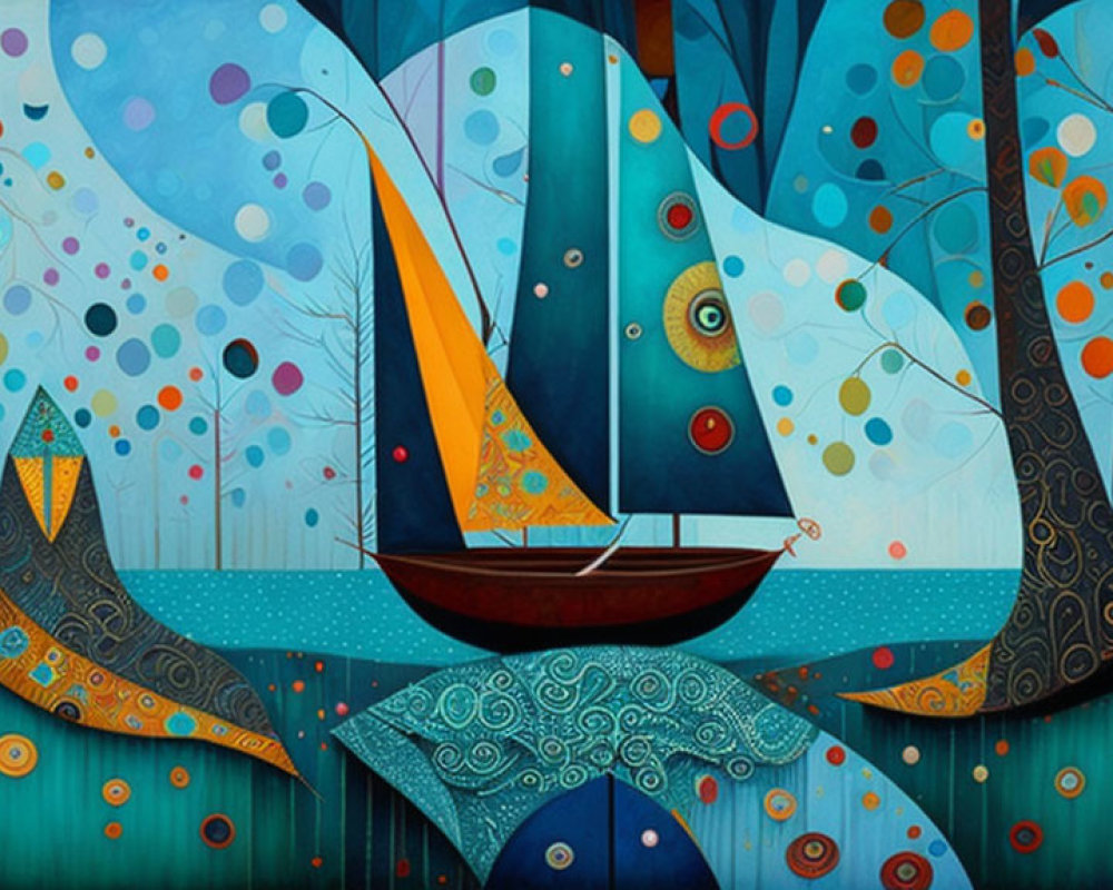 Stylized sailboats on patterned waves with colorful trees and blue sky