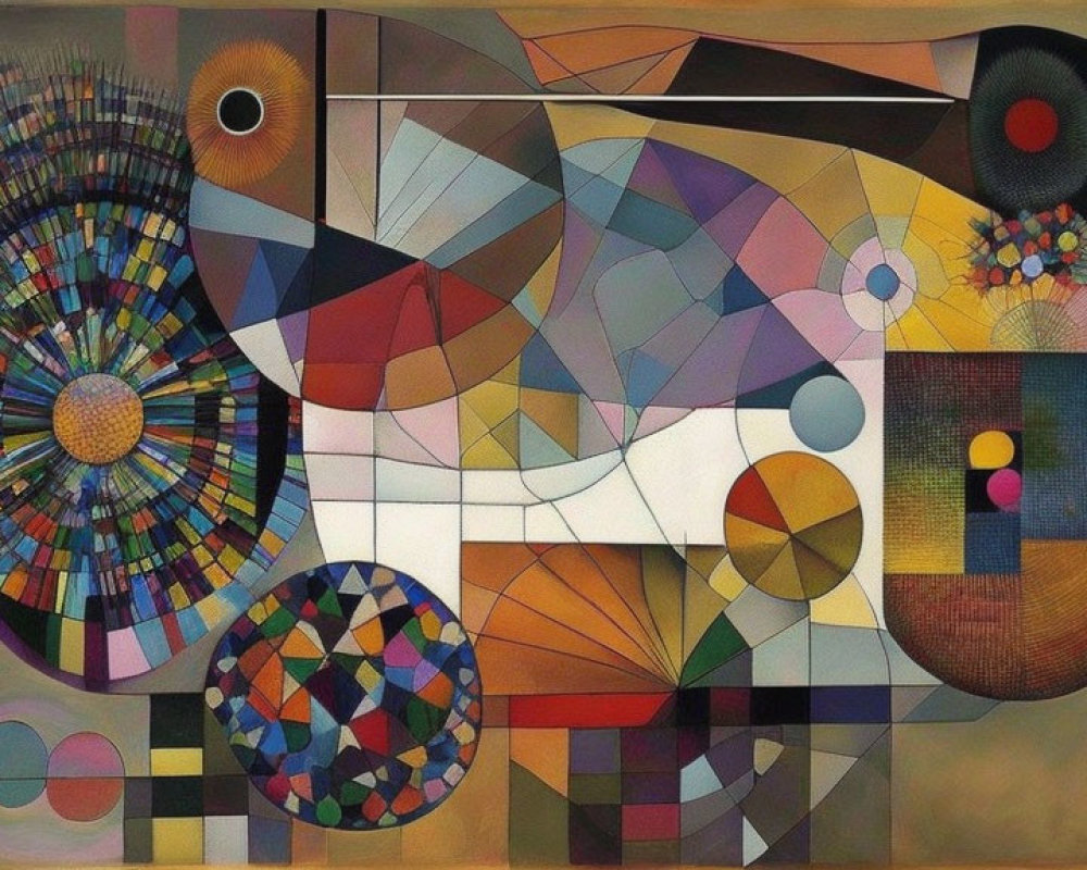 Colorful Geometric Abstract Art with Circles, Squares, and Curving Forms