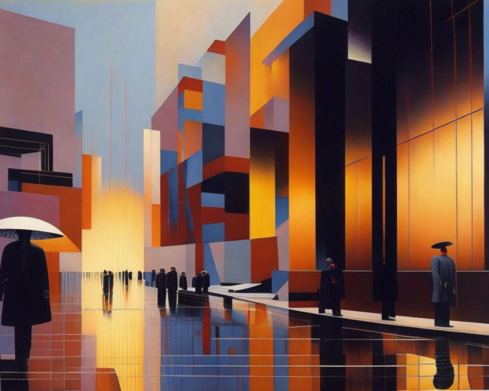 Vibrant geometric shapes in abstract cityscape painting