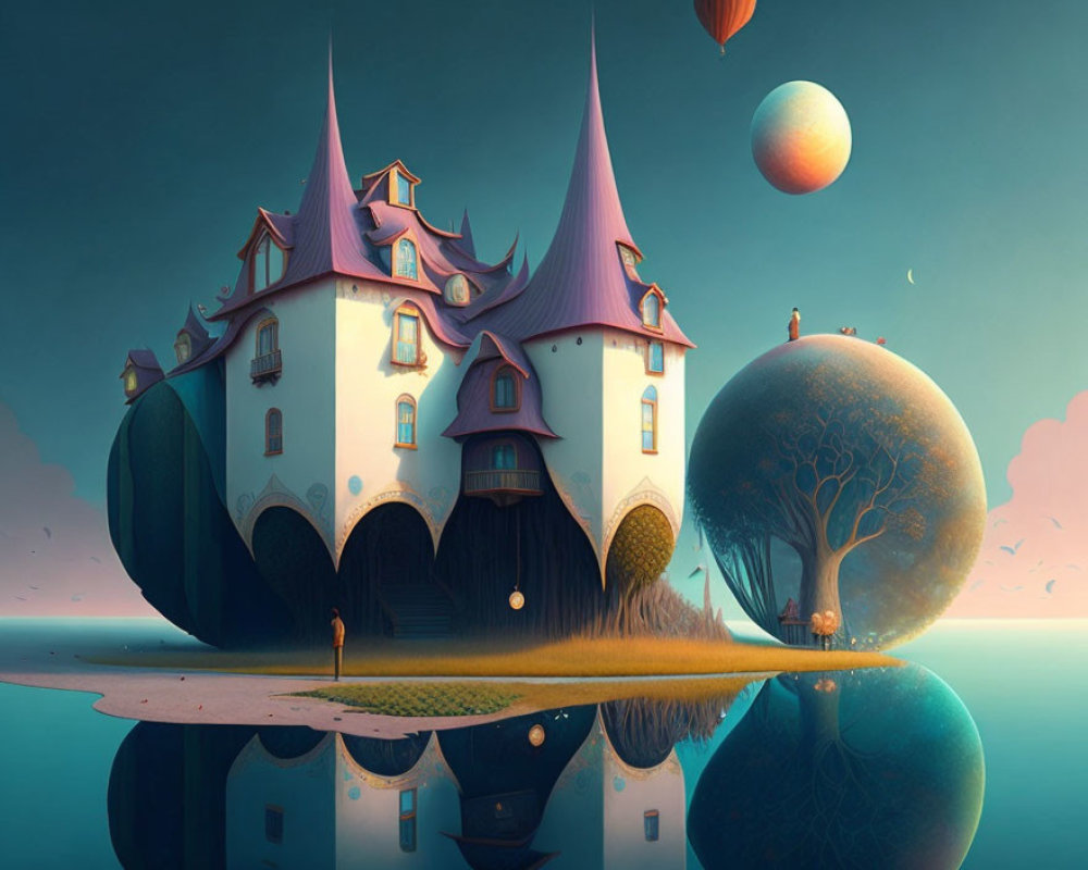 Whimsical fairytale castle with pointy towers on island with tree and planet backdrop