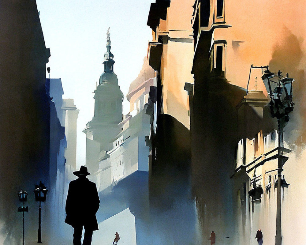 Stylized watercolor painting of person walking down historic street