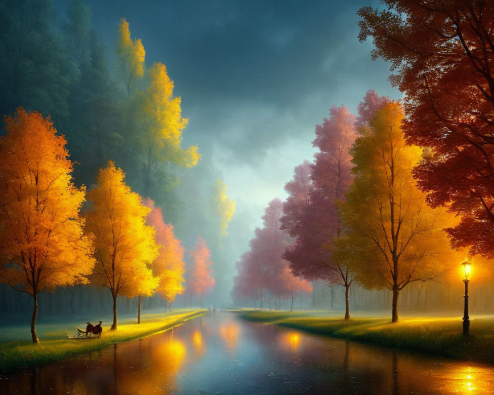 Autumn park scene with colorful trees, misty sunset, person, and dog on bench