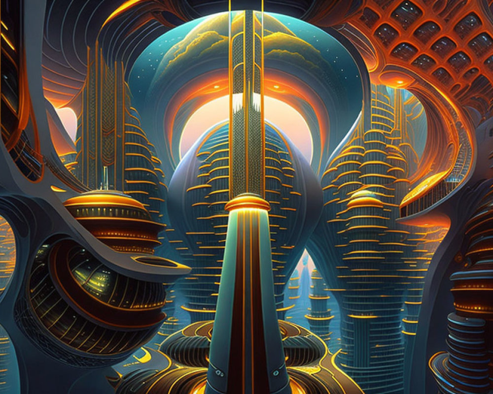 Futuristic cityscape with towering golden structures and large planet in the sky