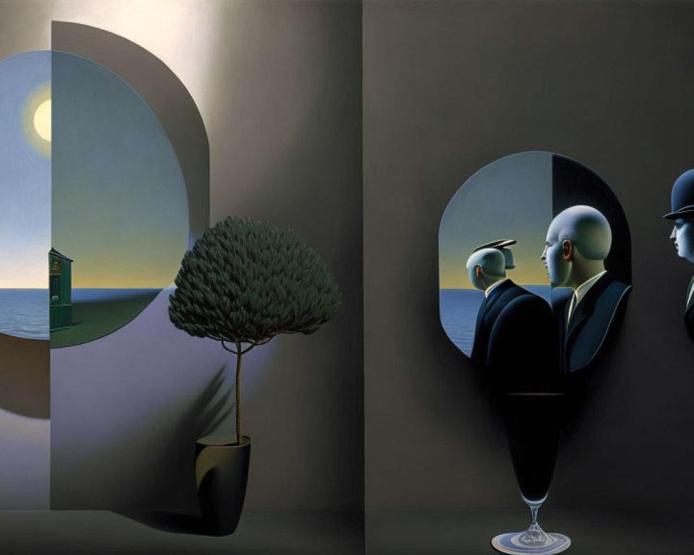 Surrealist painting with moonlit scene and men in bowler hats mirrored by a tree