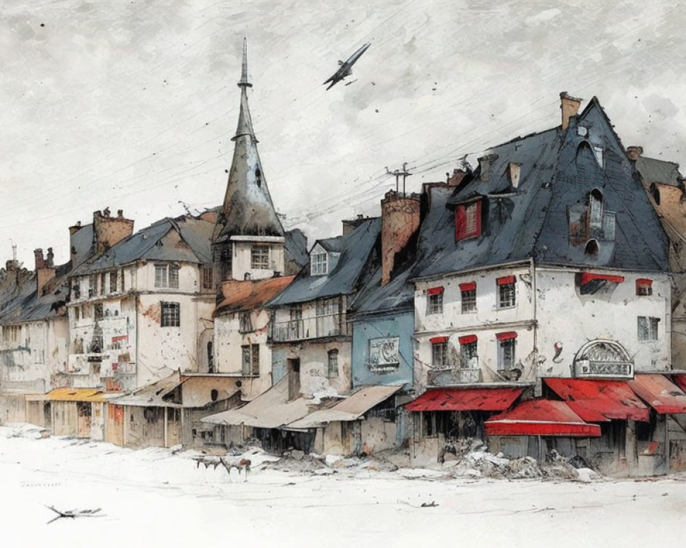 Vintage Street Scene Watercolor Painting with Snow-Covered Rooftops