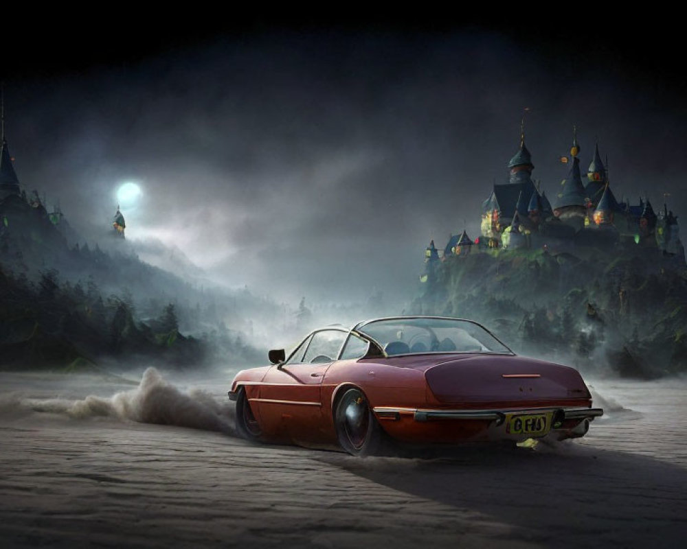 Vintage Red Sports Car Speeding on Foggy Road with Illuminated Castle at Night