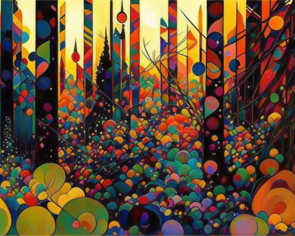 Colorful Abstract Forest with Geometric Shapes and Circles