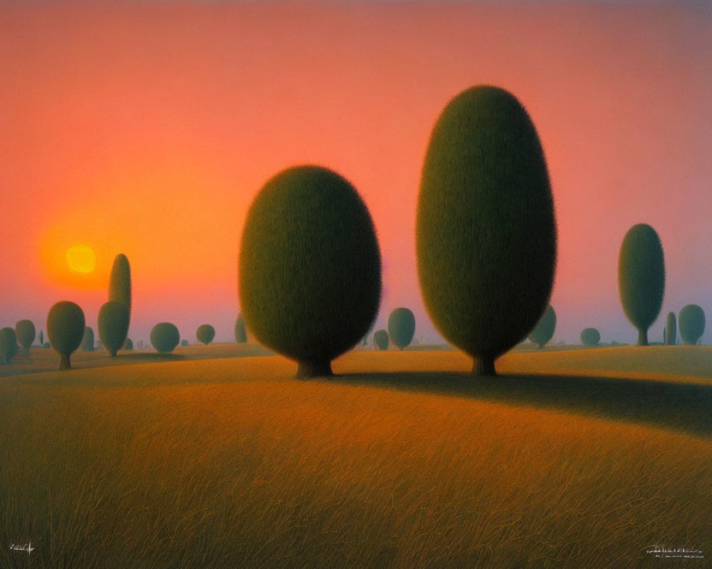 Surreal landscape featuring egg-shaped trees on rolling hills at sunset