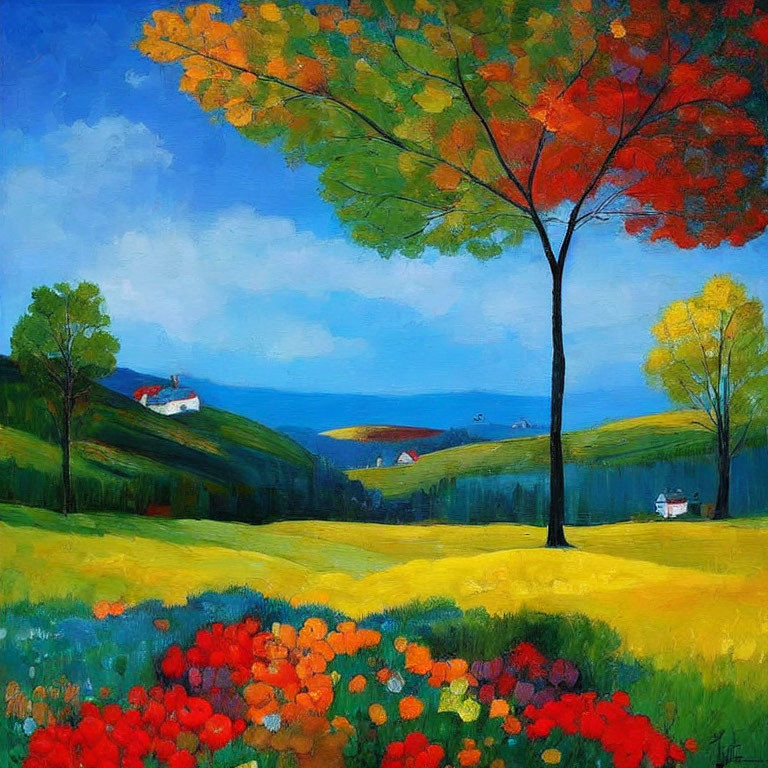 Colorful Tree Painting with Rolling Hills and Sea View
