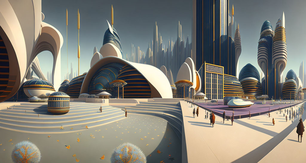 Futuristic cityscape with sleek buildings and people strolling among trees