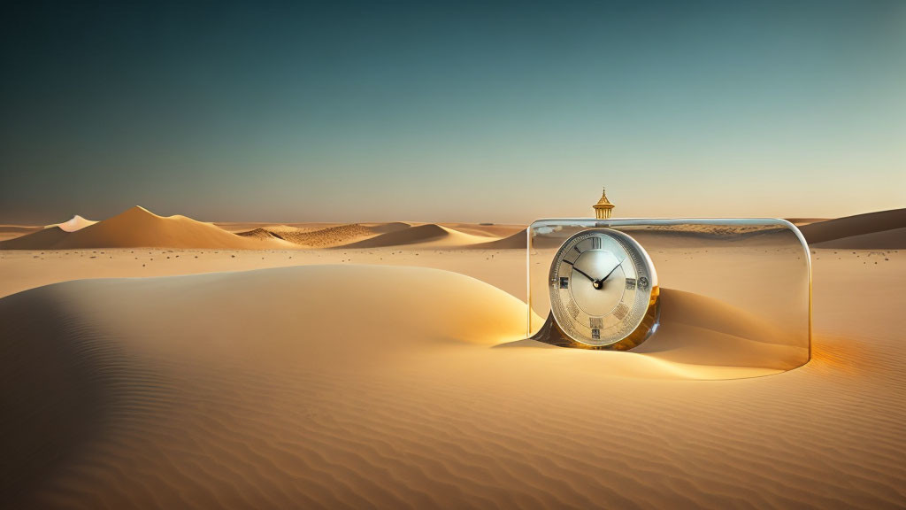 Surreal image: Large hourglass with clock face in desert setting