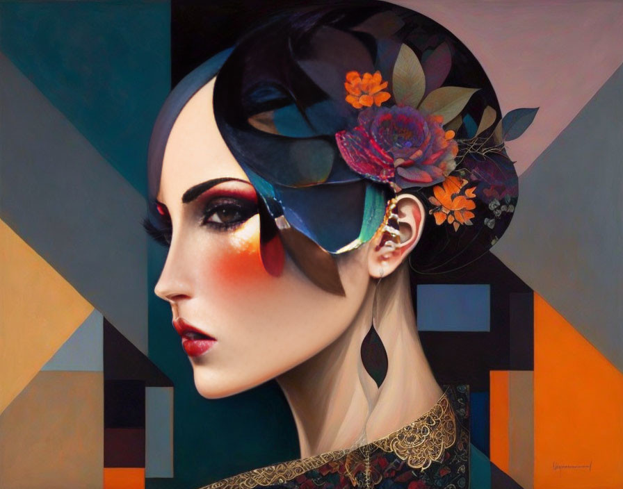Geometric background and vibrant makeup on woman's portrait.