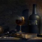 Elegant wine bottles, glasses, grapes, and autumn leaves on dark background