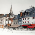 Vintage Street Scene Watercolor Painting with Snow-Covered Rooftops