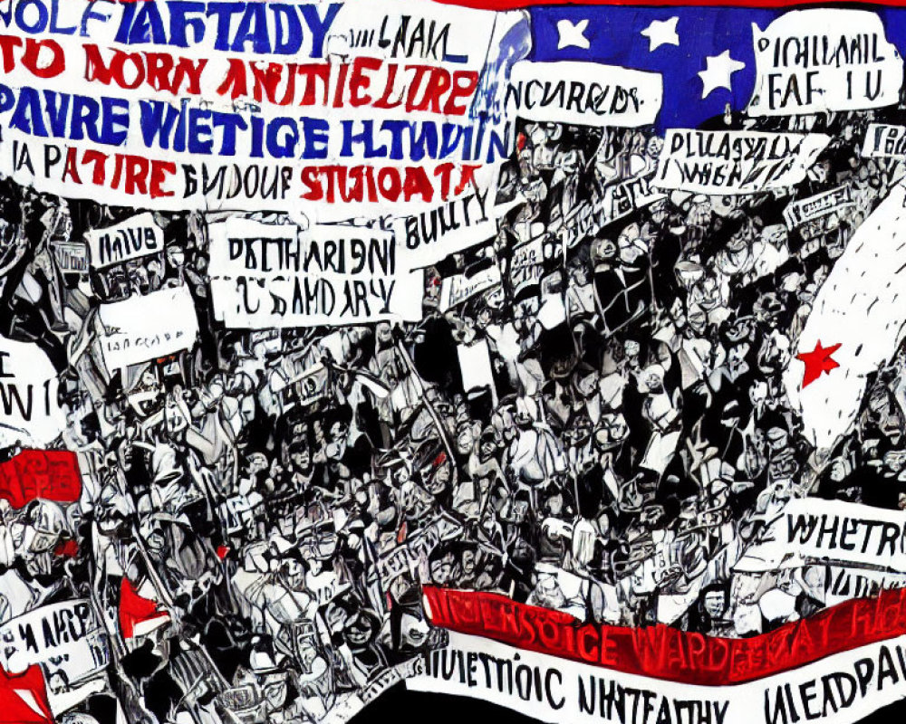 Satirical illustration comparing "POLITCALL" and "WLF WARCE" factions in chaotic protest