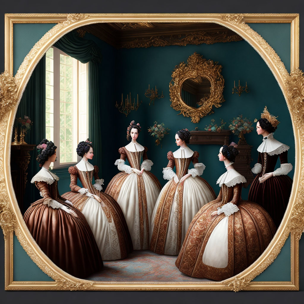 Victorian dresses: Five women posing in ornate teal room