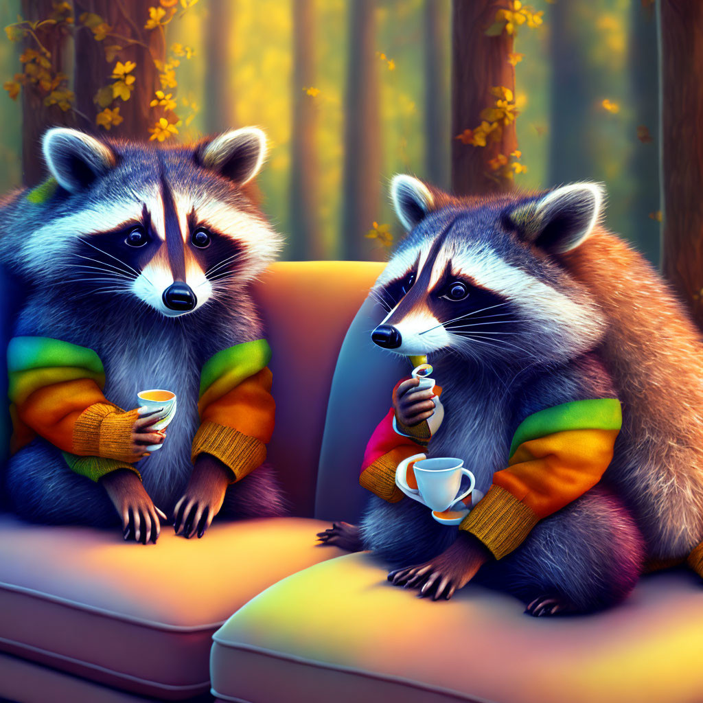 Colorful cartoon raccoons on couch with autumn backdrop