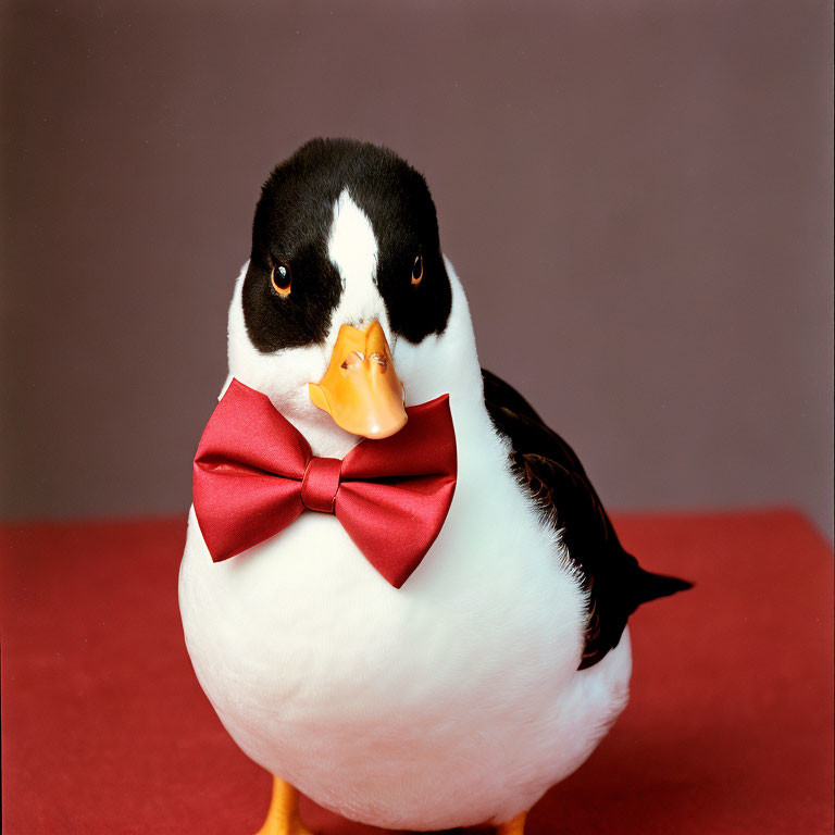 Black and white duck with red bow tie on red background