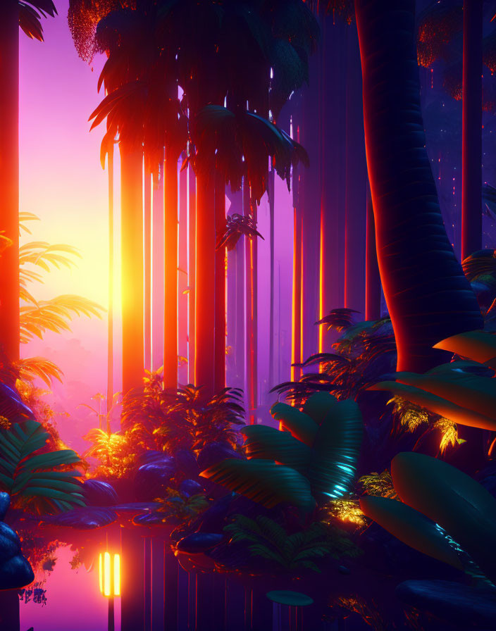 Neon-lit exotic jungle digital artwork with sunset backdrop