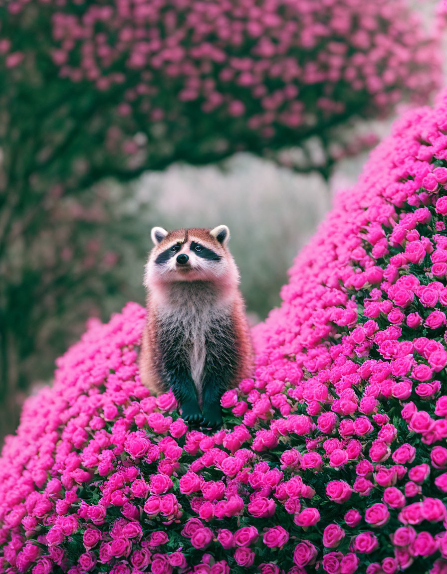 Curious raccoon amidst vibrant pink roses