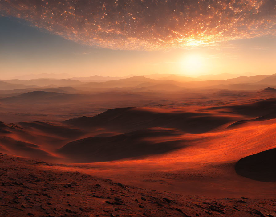 Tranquil desert landscape at sunset with rolling dunes