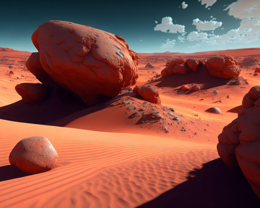 Vivid digital illustration: Martian landscape with sand dunes, rocks, blue sky