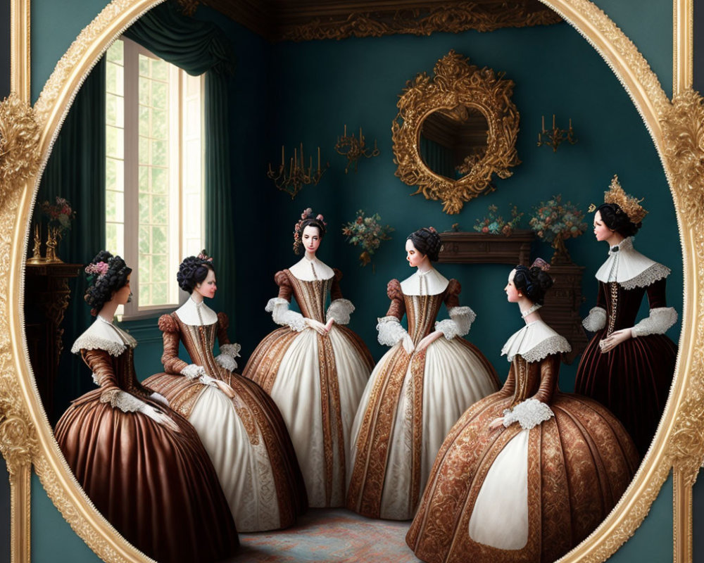Victorian dresses: Five women posing in ornate teal room