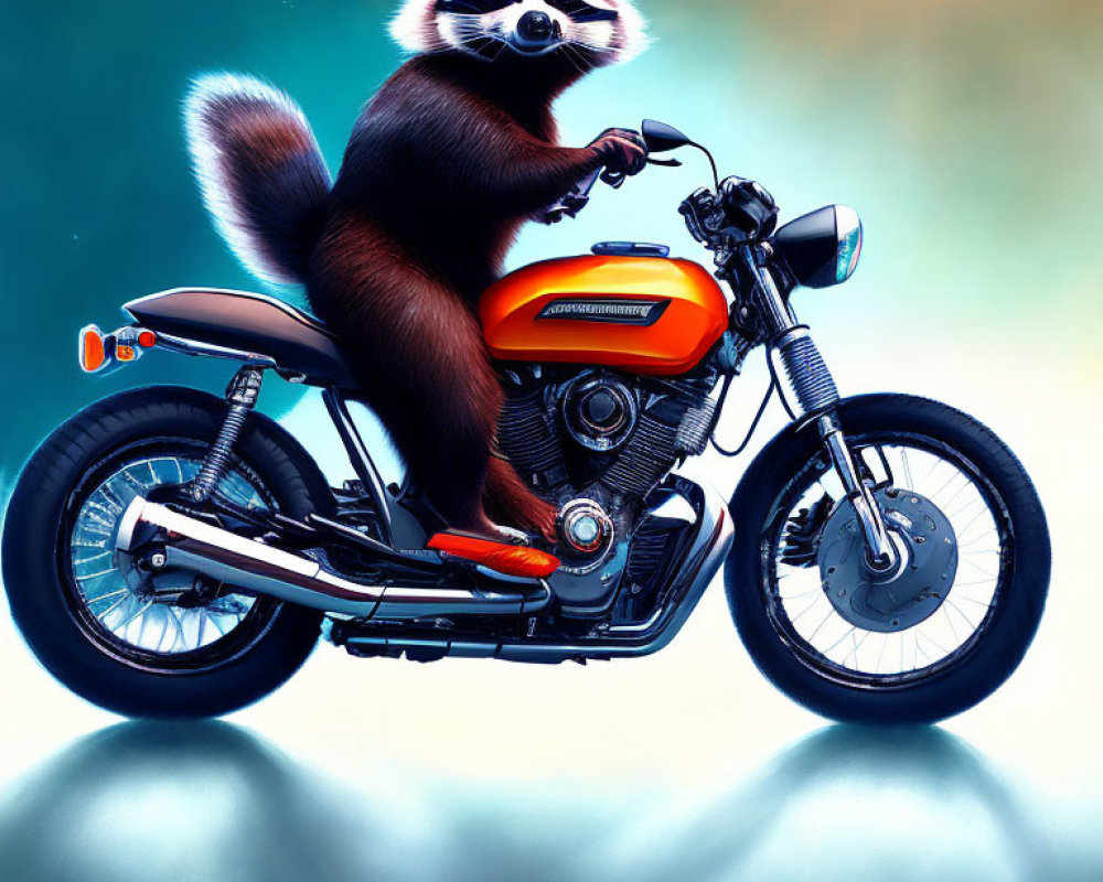 Stylized raccoon on orange motorcycle against teal background