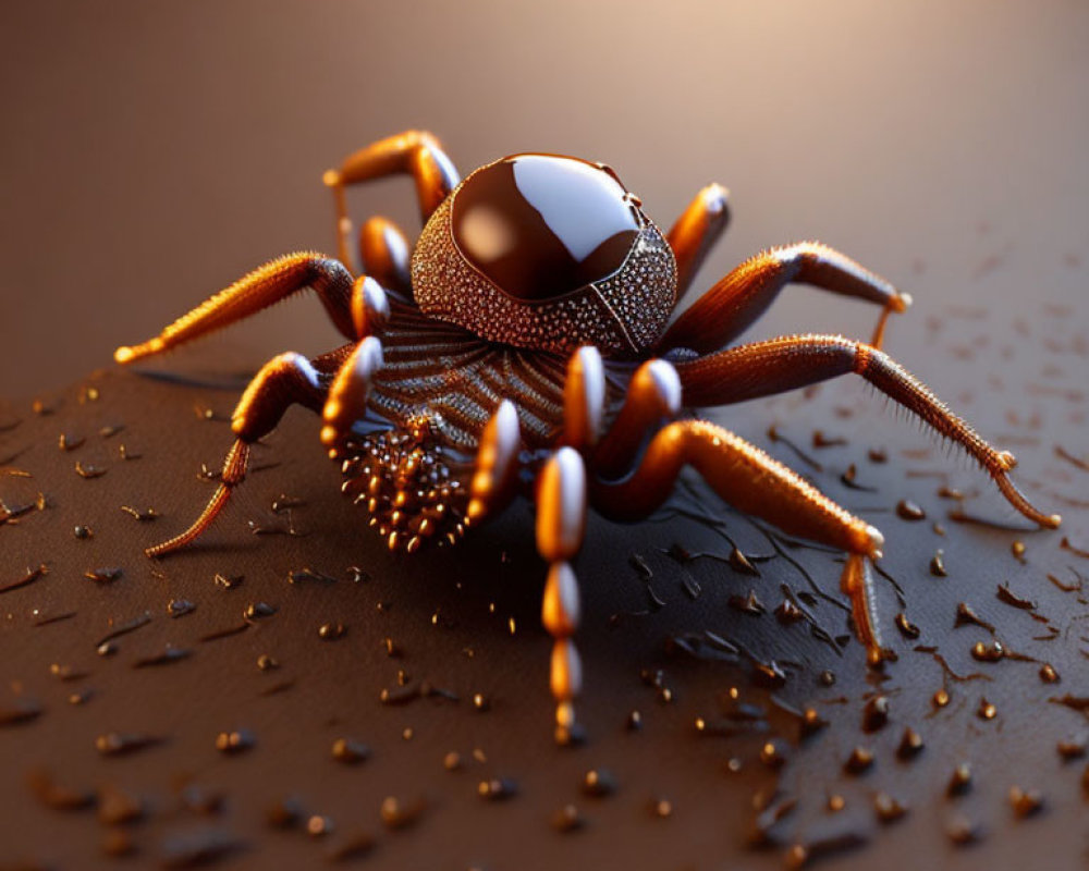 Metallic spider with moisture beads on smooth surface under warm lighting