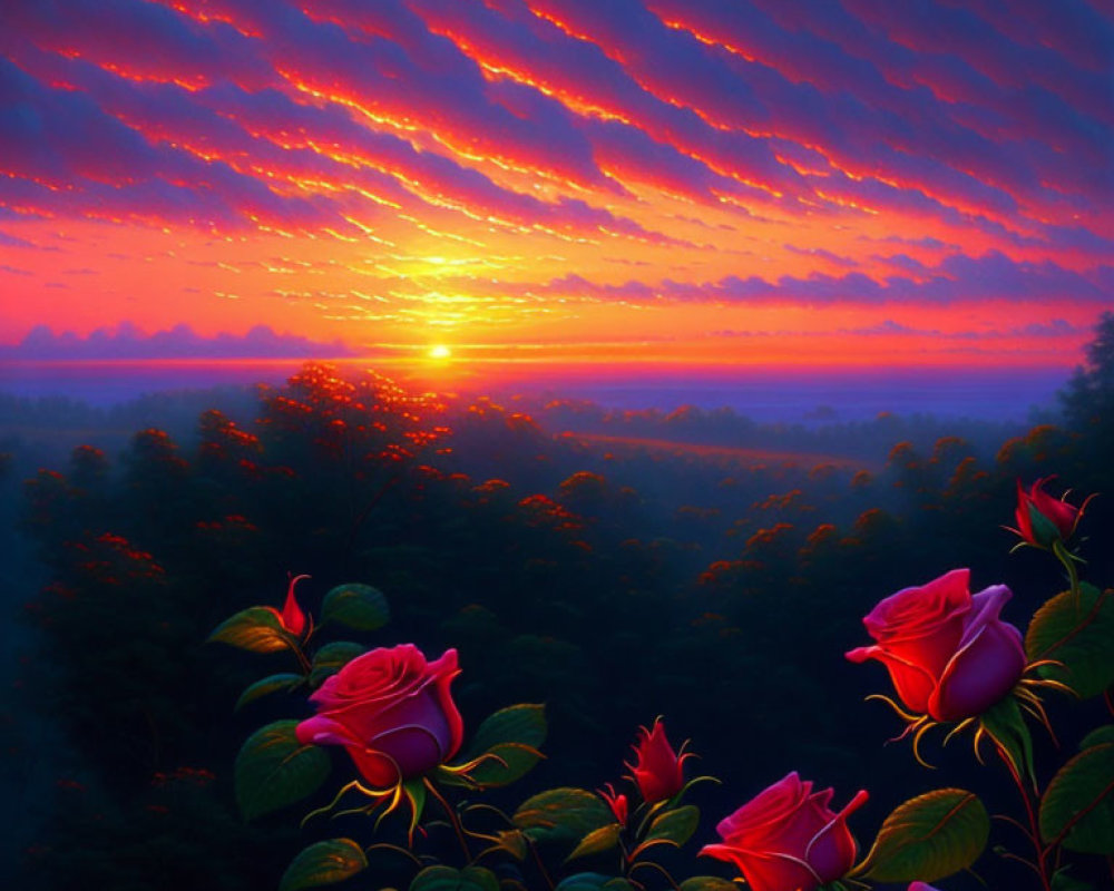 Colorful sunset with streaked clouds over forest, reflective river, and pink roses.