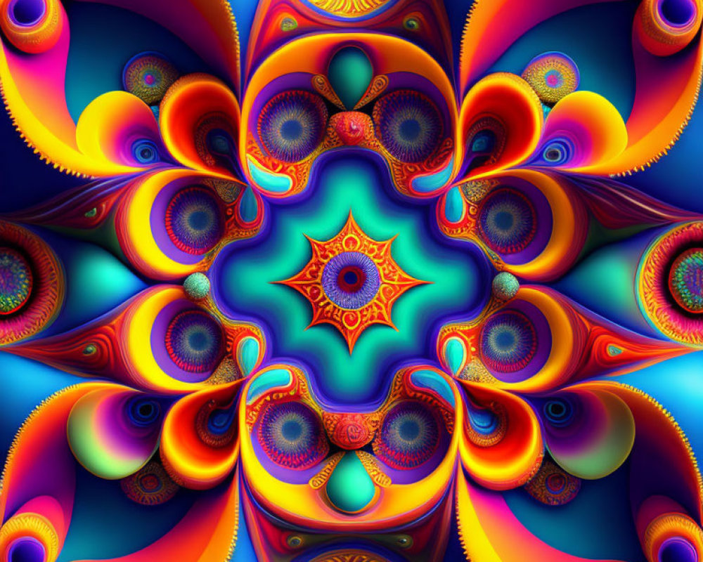 Symmetrical fractal image with vibrant colors and intricate patterns