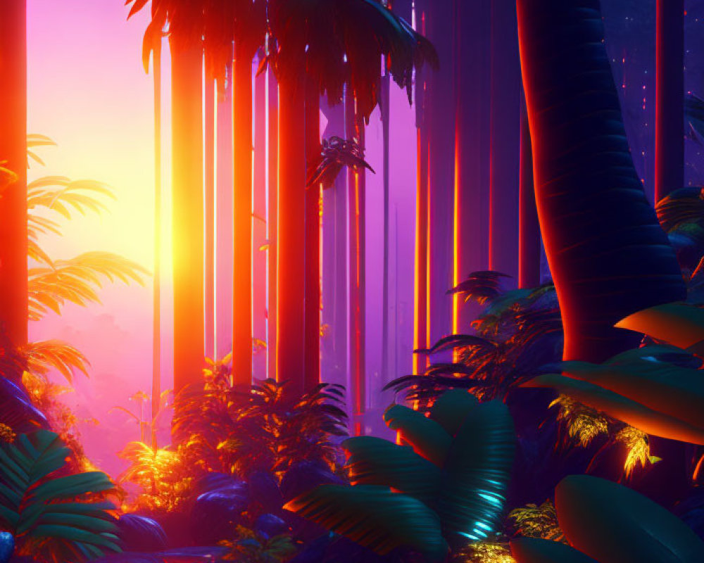 Neon-lit exotic jungle digital artwork with sunset backdrop