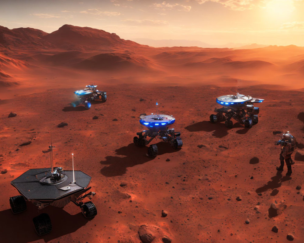 Exploration scene: Futuristic rovers and astronaut on Mars-like surface