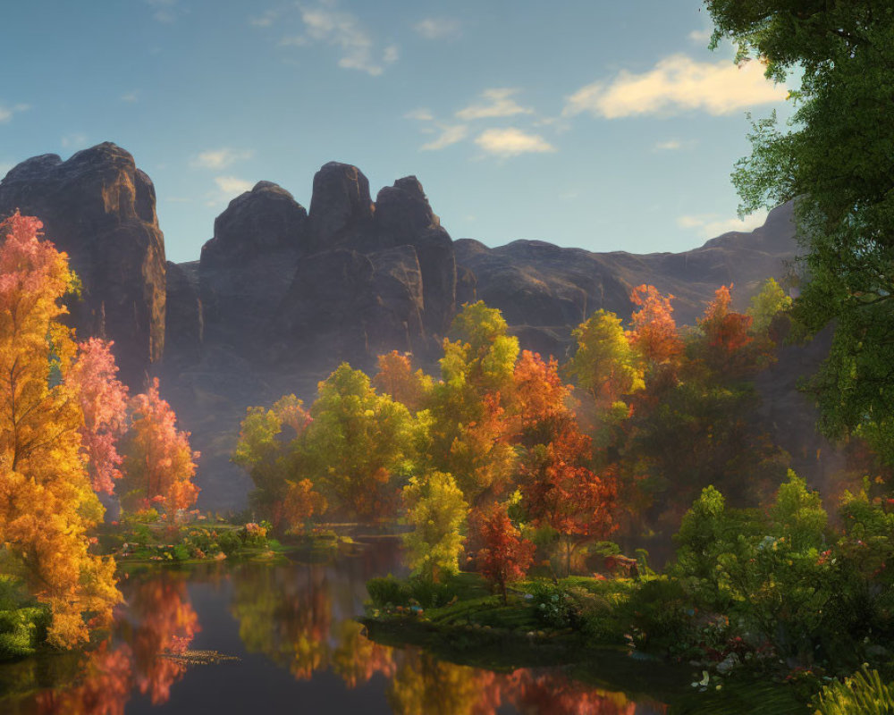Autumn Lake Scene with Trees, Sky, and Cliffs