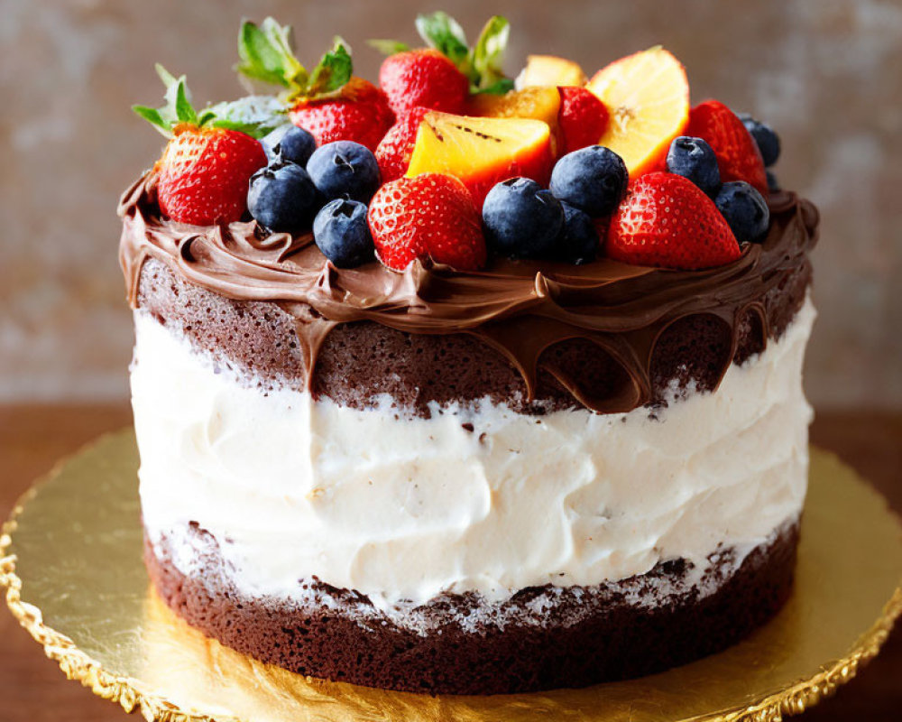 Chocolate Layer Cake with White Frosting and Fruit Toppings on Gold Board