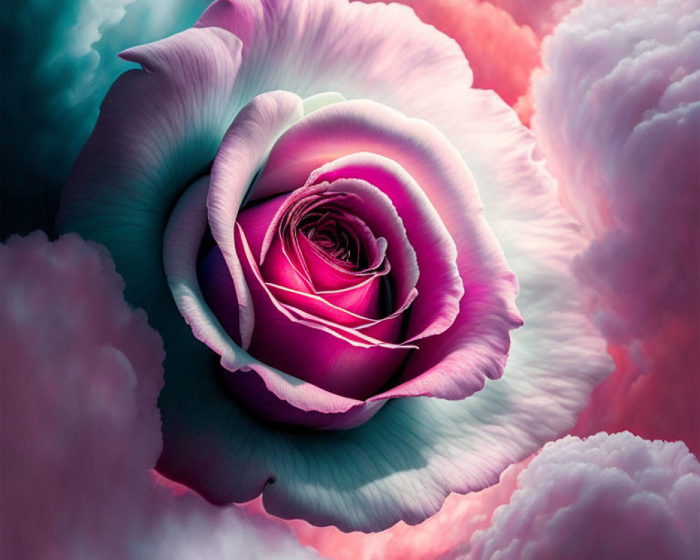 Artistically Enhanced Rose with Pink to White Gradient Surrounded by Cloud-like Textures in Pink and Blue