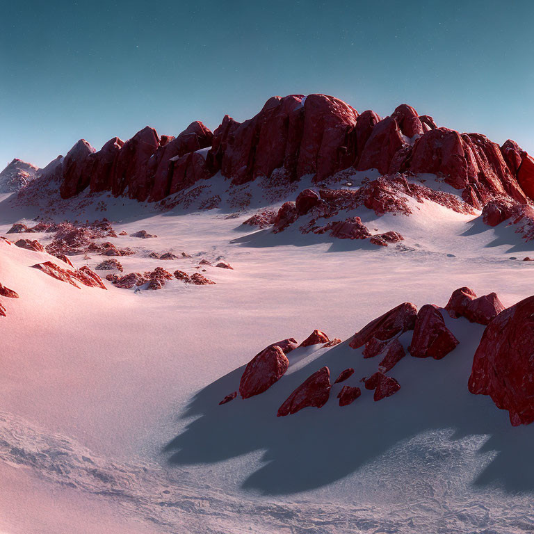 Snow-covered landscape with red rocky mountains under clear sky