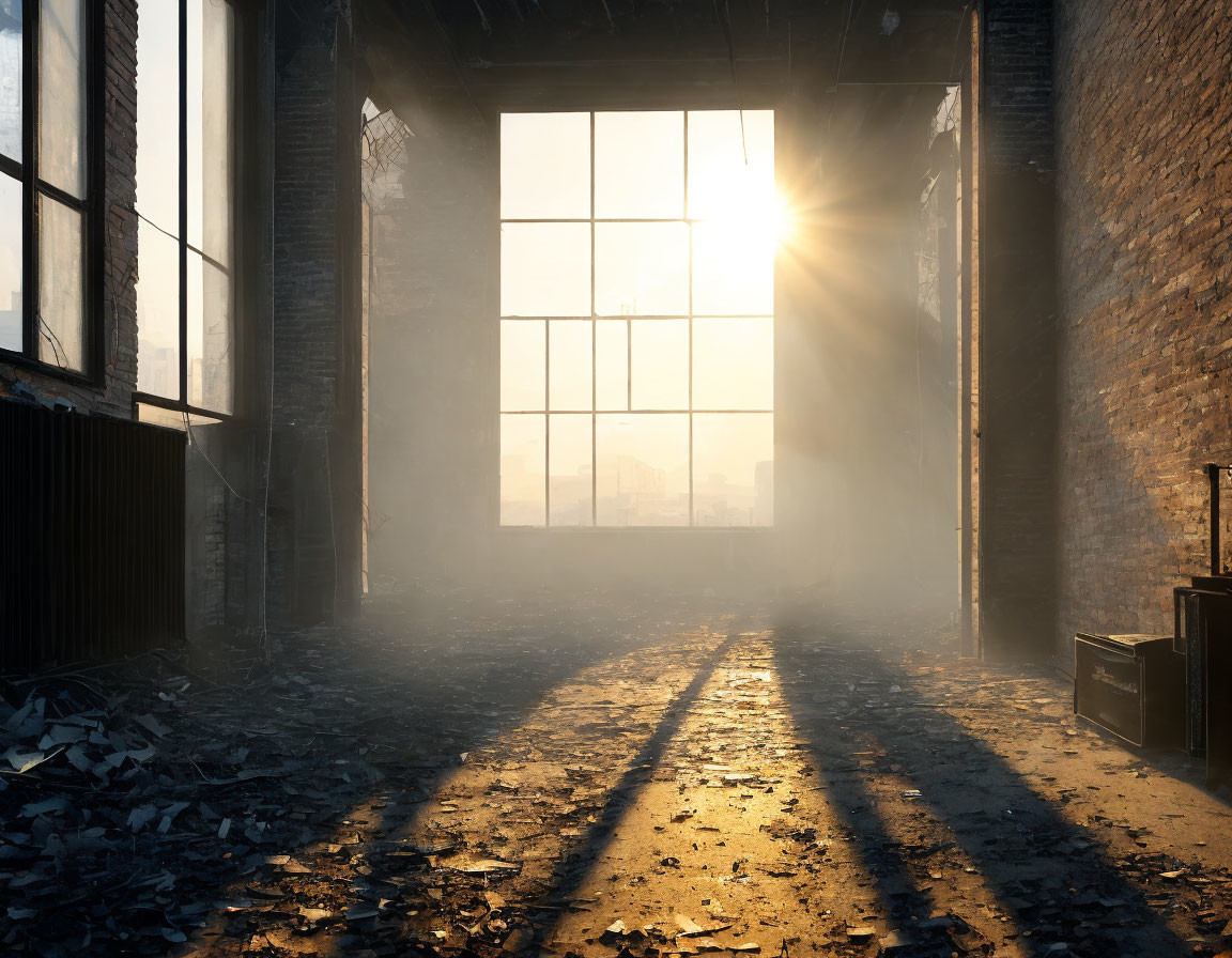 Abandoned industrial building with sunlight and shadows