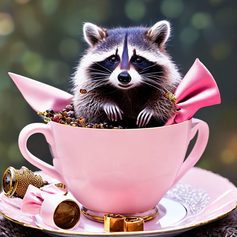 Raccoon in Pink Teacup with Ornaments on Saucer and Bokeh Background