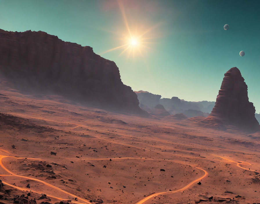 Martian landscape with rocky terrain, winding path, cliffs, sun, and moons
