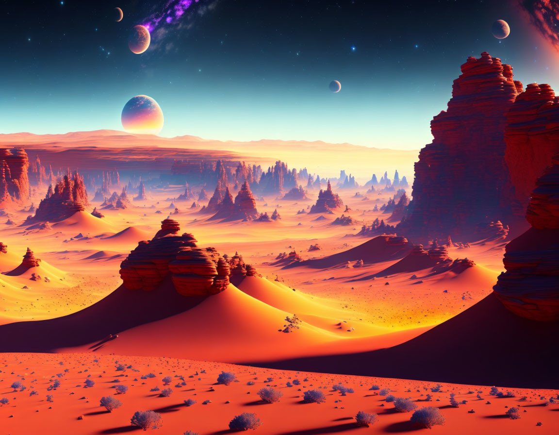 Surreal desert landscape with red sand, rock formations, multiple moons, and galaxy overhead