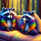 Colorful cartoon raccoons on couch with autumn backdrop