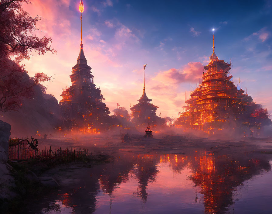 Ancient temples by tranquil river: mystical sunset scene with fog and pink sky