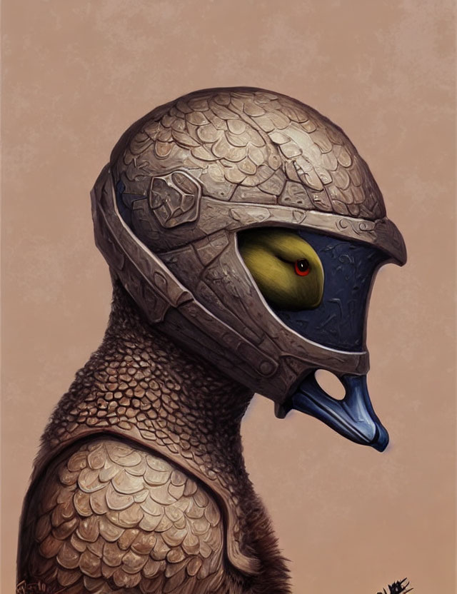 Colorful bird in detailed medieval helmet with one eye visible