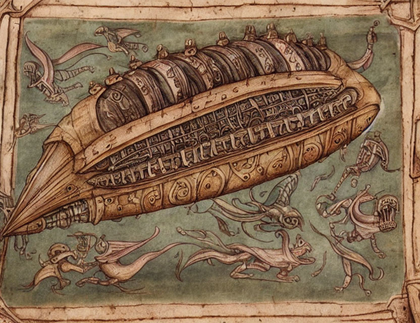 Illustrated medieval manuscript: Fantastical ship & sea creatures in ancient ocean