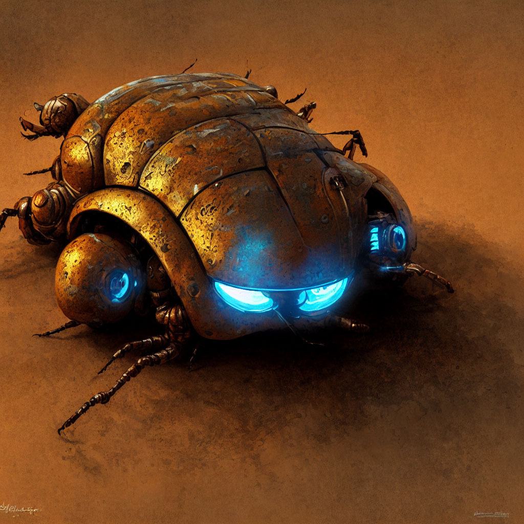 Mechanical Beetle Artwork with Rustic Exoskeleton and Blue Eyes