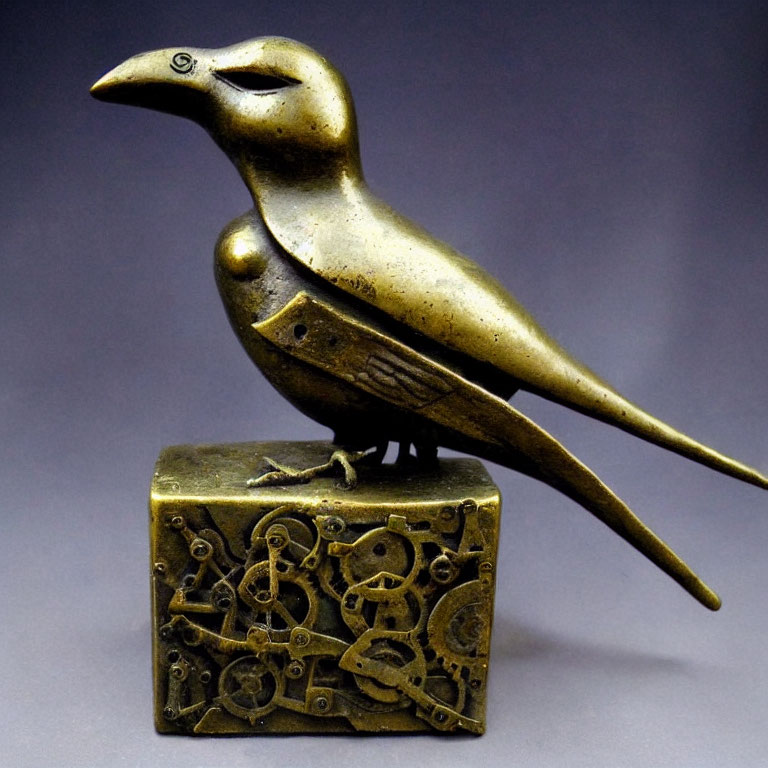 Antique Brass Mechanical Bird Sculpture on Ornate Cube